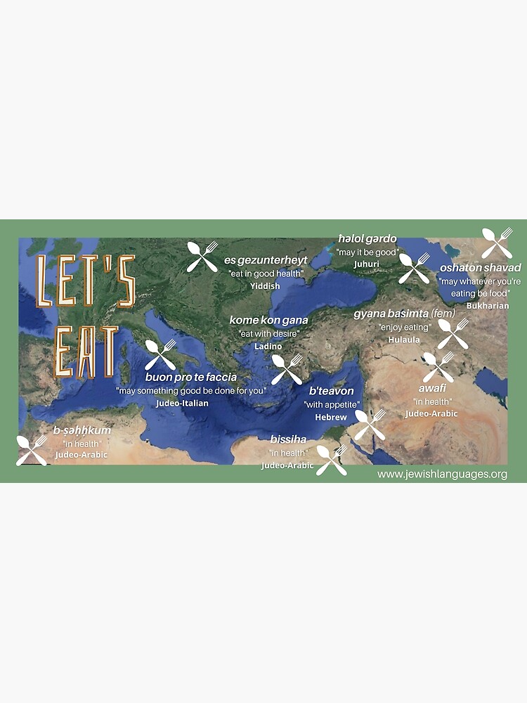 Thumbnail 3 of 3, Poster, Let's Eat! Map with pre-meal phrases in 10 Jewish languages  designed and sold by hucjlp.