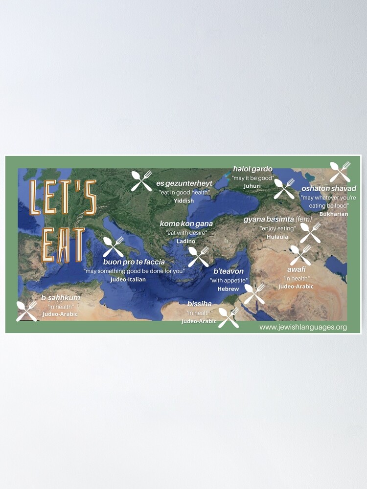 Thumbnail 2 of 3, Poster, Let's Eat! Map with pre-meal phrases in 10 Jewish languages  designed and sold by hucjlp.
