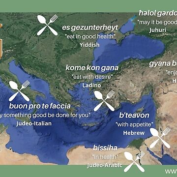 Artwork thumbnail, Let's Eat! Map with pre-meal phrases in 10 Jewish languages  by Jewish Language Project