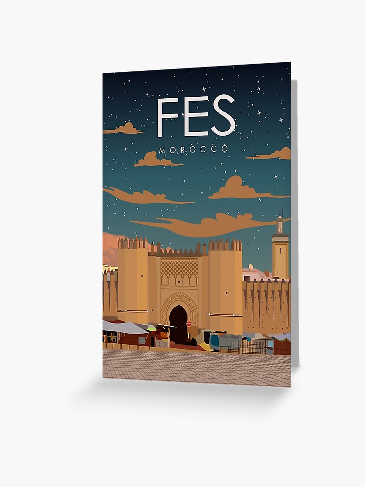 Fes Morocco Vintage Minimal Retro Travel Poster at Night | Greeting Card