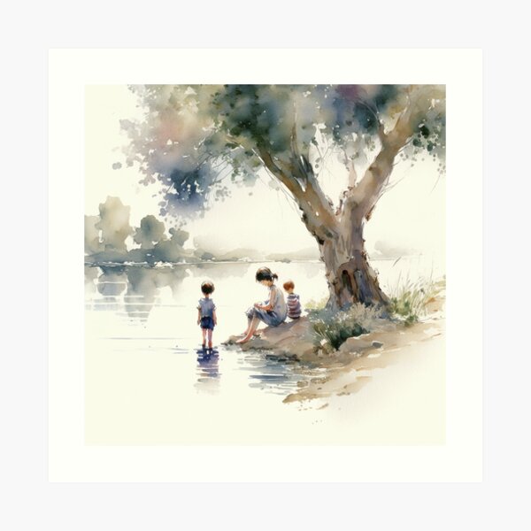 Watercolor art on watercolor paper, kids fishing in a bucket with