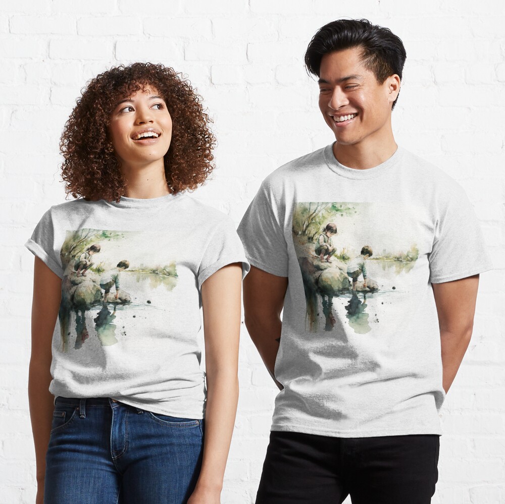 Watercolor Children Playing in the Lake Kids T-Shirt for Sale by