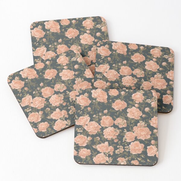 Item preview, Antique botanical peach roses and chamomile midnight garden  designed and sold by LaszloToth.