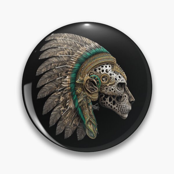 Item preview, Head of an Aztec Jaguar Warrior Skull Mexican Ancient Mythology Green Headdress designed and sold by CoyoteStudio.