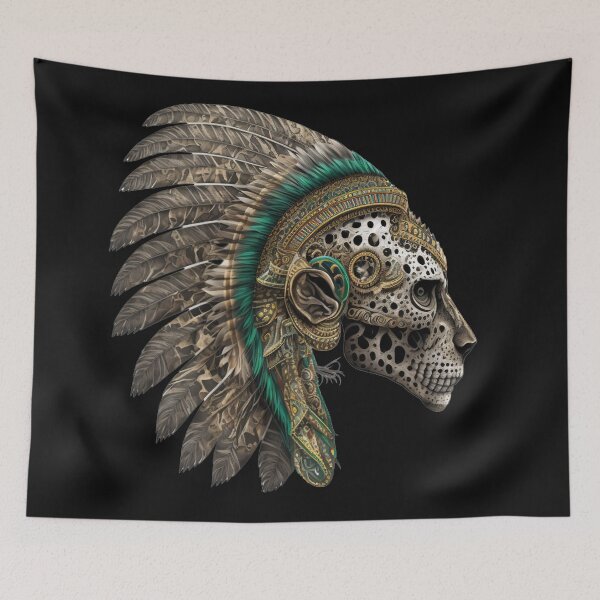 Item preview, Head of an Aztec Jaguar Warrior Skull Mexican Ancient Mythology Green Headdress designed and sold by CoyoteStudio.