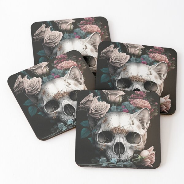 Item preview, Cat Skull with Roses, Poster designed and sold by SkullandKitten.