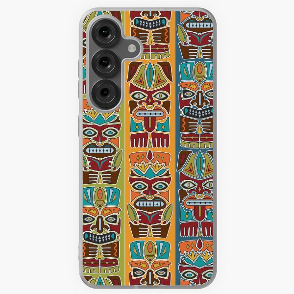 Aperçu de l'œuvre Tiki Totem Pattern bleu sarcelle olive orange créée et vendue par jeff-jones.