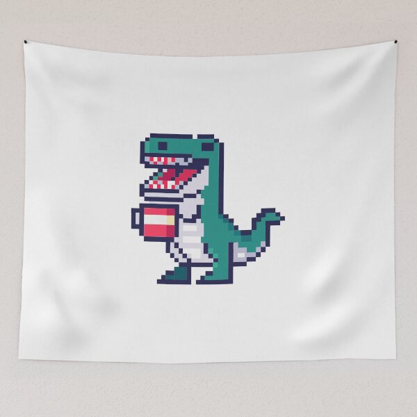 Item preview, T-rex with coffee - pixel art designed and sold by Ellisano.