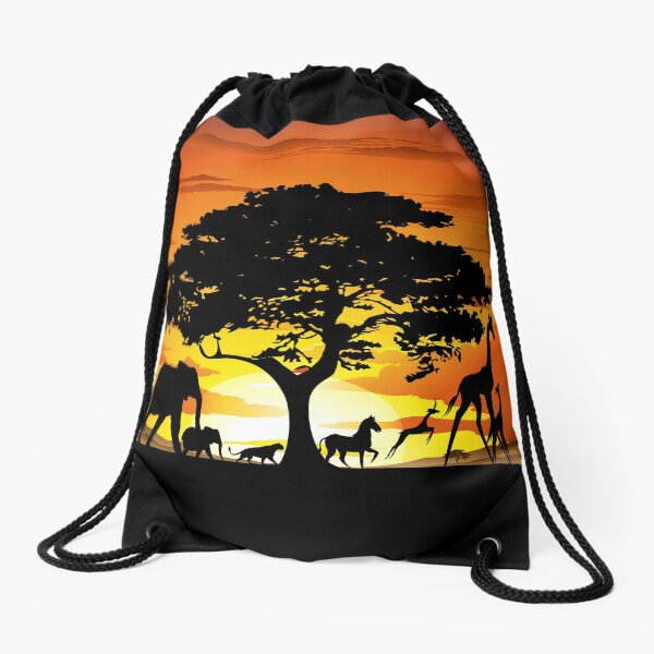 Wild Animals on African Savanna Sunset Drawstring Bag