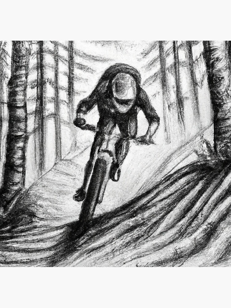 mountain biker riding downhill in a forest pencil sketch