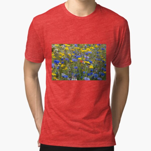 Blue Cornflowers and Yellow Daisies Tri-blend T-Shirt