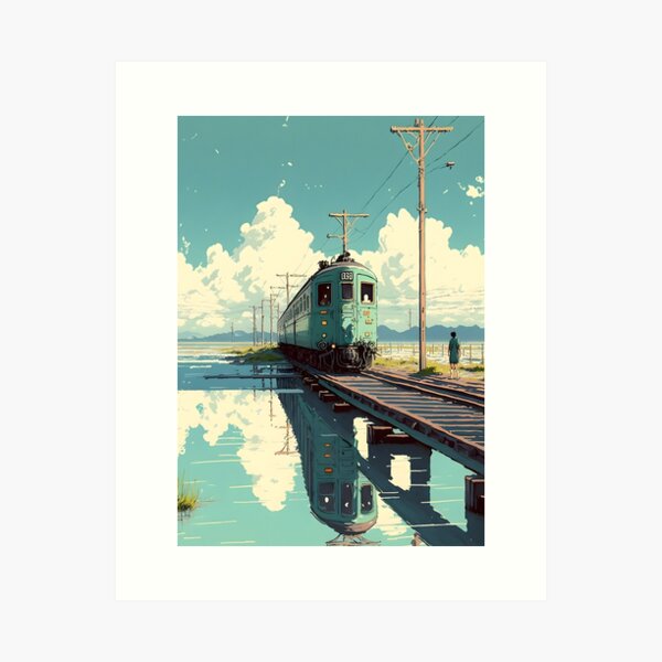 Aperçu de l'œuvre Rétro Anime Style Nuit Vue Vieux Train Japonais créée et vendue par KaPrints.