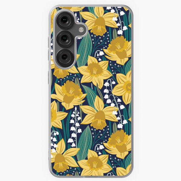 Item preview, Toxic beauty // oxford navy blue background yellow daffodils and white lily of the valley flowers sage pine and jade green leaves designed and sold by SelmaCardoso.