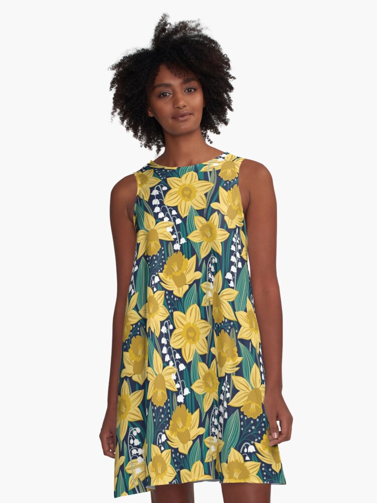 Toxic beauty oxford navy blue background yellow daffodils and white lily of the valley flowers sage pine and jade green leaves A Line Dress for Sale by SelmaCardoso Redbubble