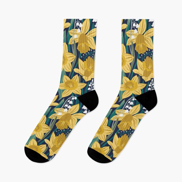 Item preview, Toxic beauty // oxford navy blue background yellow daffodils and white lily of the valley flowers sage pine and jade green leaves designed and sold by SelmaCardoso.