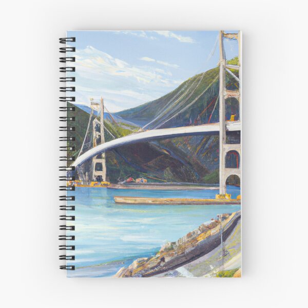 Item preview, "Coastal Connections: An Oil Painting of a Developed Sea Shore with Massive Mountains and a Bridge" designed and sold by Sparkline.