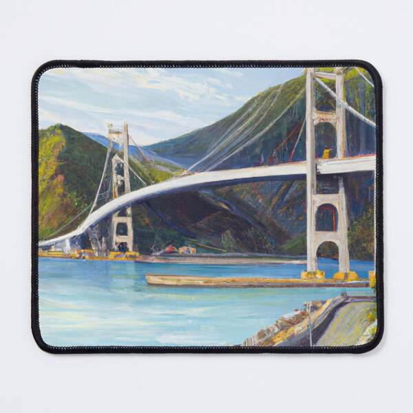 Item preview, "Coastal Connections: An Oil Painting of a Developed Sea Shore with Massive Mountains and a Bridge" designed and sold by Sparkline.