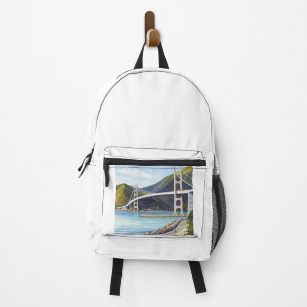 Item preview, "Coastal Connections: An Oil Painting of a Developed Sea Shore with Massive Mountains and a Bridge" designed and sold by Sparkline.