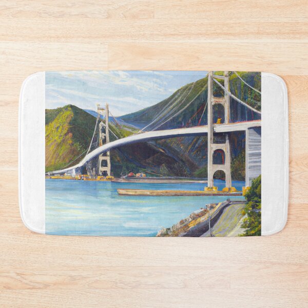 Item preview, "Coastal Connections: An Oil Painting of a Developed Sea Shore with Massive Mountains and a Bridge" designed and sold by Sparkline.