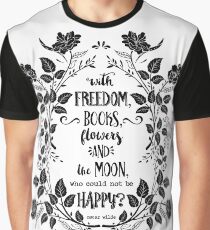 Freedom & Books & Flowers & Moon Graphic T-Shirt