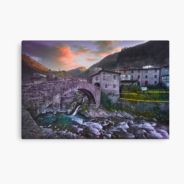 Fabbriche di Vallico village and the old bridge over the creek. Tuscany Canvas Print