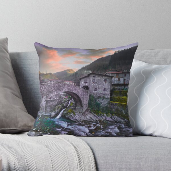 Fabbriche di Vallico village and the old bridge over the creek. Tuscany Throw Pillow