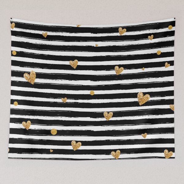 Item preview, Gold Glittering Hearts On Black Horizontal Stripe designed and sold by risingrocket.