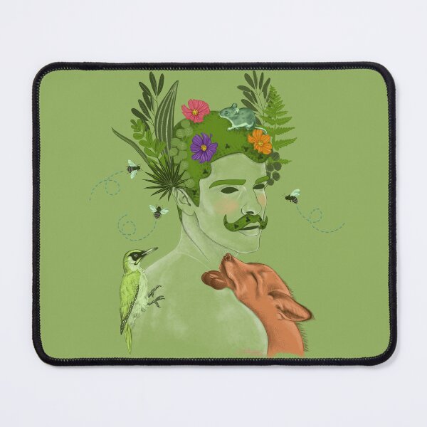Item preview, Nature as a male figure with short hair surrounded by a fox, a mouse, a woodpecker, bees, cosmos flowers and plants designed and sold by NIUSSbyIustinaT.