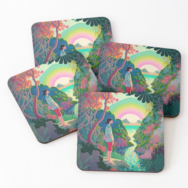 Item preview, Rainbow Streams to Paradise - Abstract Style Utopia With Meditating Woman  - Original Artwork designed and sold by CloudofKnowing.