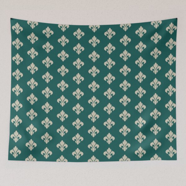 Item preview, Silver Fleur De Lis pattern on teal green background designed and sold by BattaAnastasia.