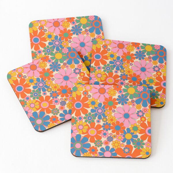 Item preview, Retro Garden Flowers Bright and Colorful 60s 70s Floral Pattern Pink Red Blue Mustard Green designed and sold by kierkegaard.