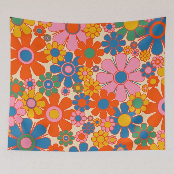 Item preview, Retro Garden Flowers Bright and Colorful 60s 70s Floral Pattern Pink Red Blue Mustard Green designed and sold by kierkegaard.
