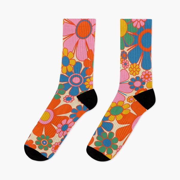 Item preview, Retro Garden Flowers Bright and Colorful 60s 70s Floral Pattern Pink Red Blue Mustard Green designed and sold by kierkegaard.