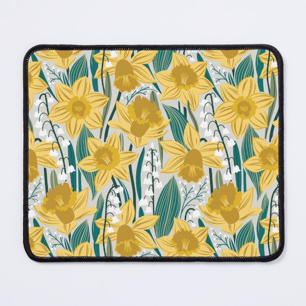 Item preview, Toxic beauty // sea fog grey background yellow daffodils and white lily of the valley flowers sage pine and jade green leaves designed and sold by SelmaCardoso.
