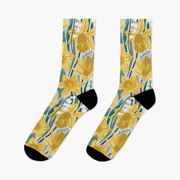 Item preview, Toxic beauty // sea fog grey background yellow daffodils and white lily of the valley flowers sage pine and jade green leaves designed and sold by SelmaCardoso.