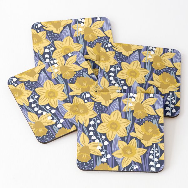 Item preview, Toxic beauty // oxford navy blue background yellow daffodils and white lily of the valley flowers very peri and pastel blue leaves designed and sold by SelmaCardoso.