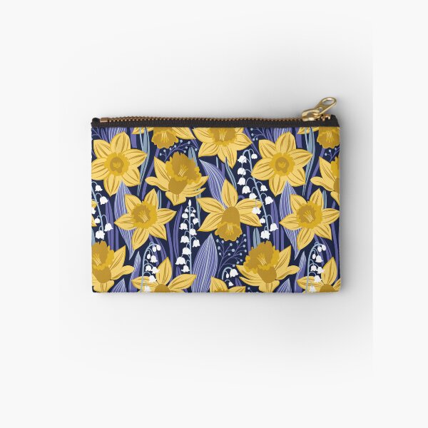 Item preview, Toxic beauty // oxford navy blue background yellow daffodils and white lily of the valley flowers very peri and pastel blue leaves designed and sold by SelmaCardoso.