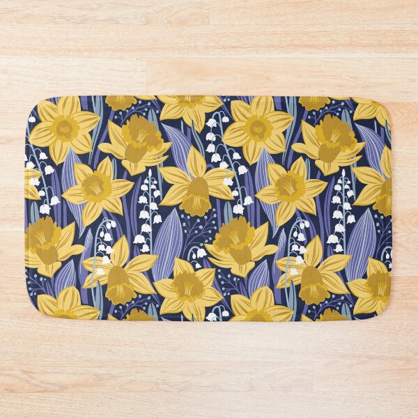 Item preview, Toxic beauty // oxford navy blue background yellow daffodils and white lily of the valley flowers very peri and pastel blue leaves designed and sold by SelmaCardoso.