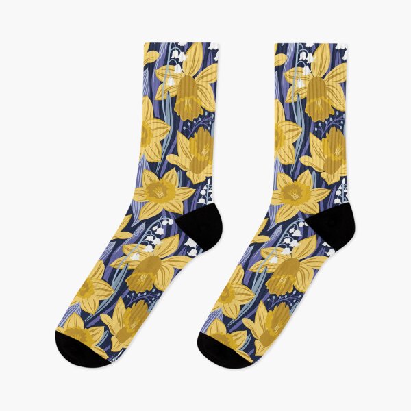 Item preview, Toxic beauty // oxford navy blue background yellow daffodils and white lily of the valley flowers very peri and pastel blue leaves designed and sold by SelmaCardoso.