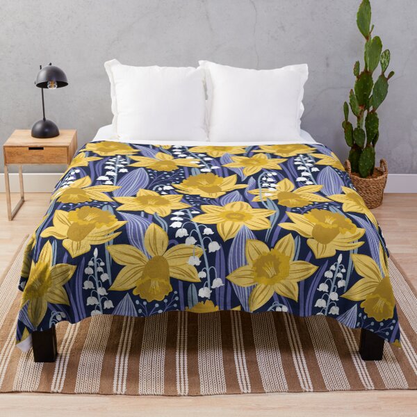 Item preview, Toxic beauty // oxford navy blue background yellow daffodils and white lily of the valley flowers very peri and pastel blue leaves designed and sold by SelmaCardoso.