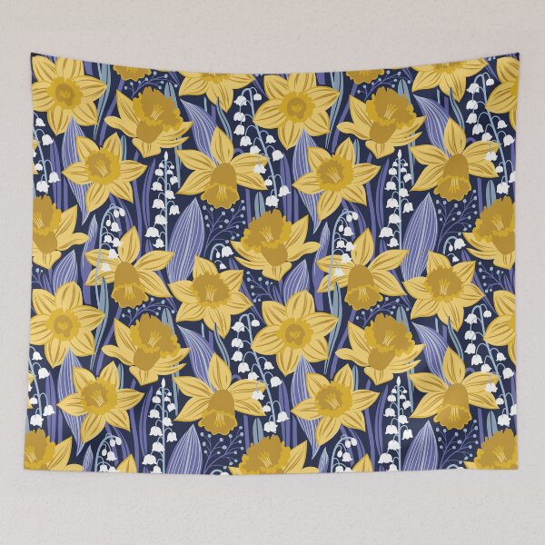 Item preview, Toxic beauty // oxford navy blue background yellow daffodils and white lily of the valley flowers very peri and pastel blue leaves designed and sold by SelmaCardoso.