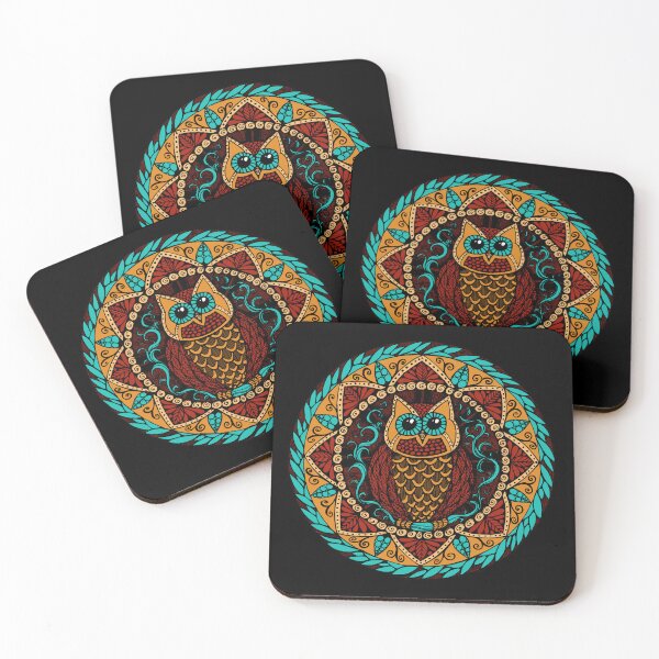 Item preview, Owl Magic Mandala Turquoise Red and Gold designed and sold by heartsake.