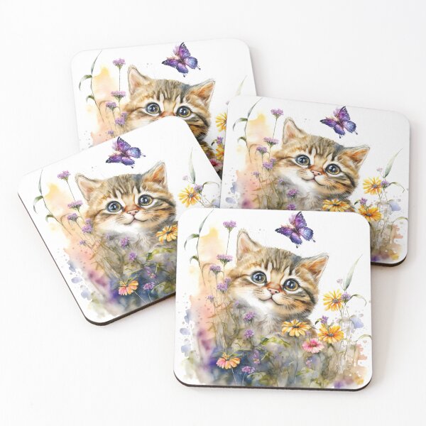 Item preview, Cute Happy Smiling Kitten in a Field of Flowers Watching a Butterfly, Watercolor Little Kittycat designed and sold by MoonFoxDesign.