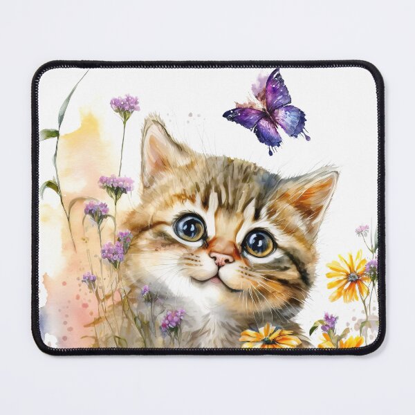 Item preview, Cute Happy Smiling Kitten in a Field of Flowers Watching a Butterfly, Watercolor Little Kittycat designed and sold by MoonFoxDesign.