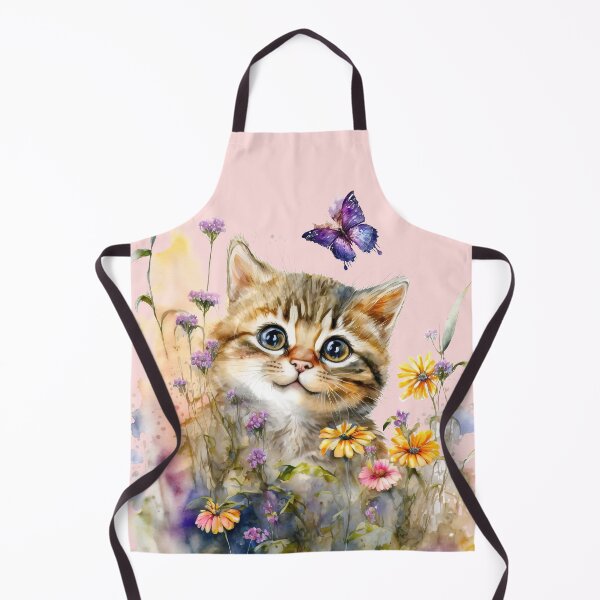 Item preview, Cute Happy Smiling Kitten in a Field of Flowers Watching a Butterfly, Watercolor Little Kittycat designed and sold by MoonFoxDesign.