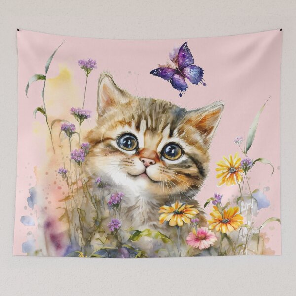 Item preview, Cute Happy Smiling Kitten in a Field of Flowers Watching a Butterfly, Watercolor Little Kittycat designed and sold by MoonFoxDesign.
