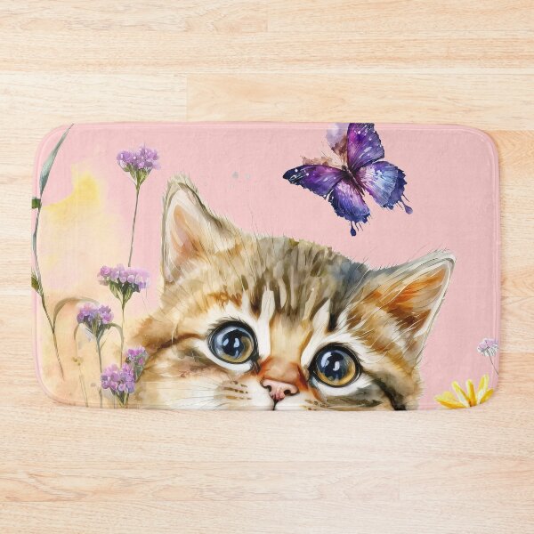 Item preview, Cute Happy Smiling Kitten in a Field of Flowers Watching a Butterfly, Watercolor Little Kittycat designed and sold by MoonFoxDesign.