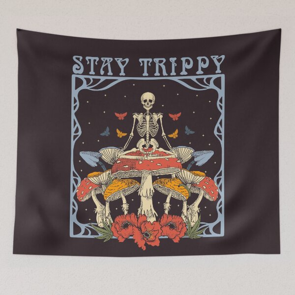 Item preview, psychedelic illustration, the skeleton sits on fly agaric, Stay trippy designed and sold by ShamanskaKate.