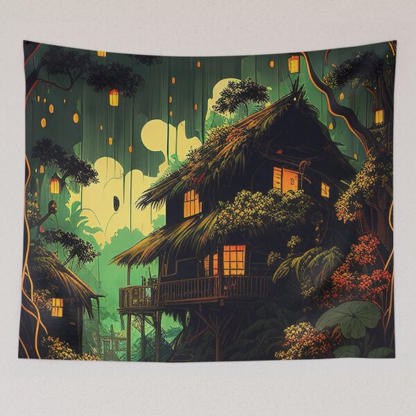 Item preview, House with lanterns in the jungle illustration designed and sold by RK - Shop.