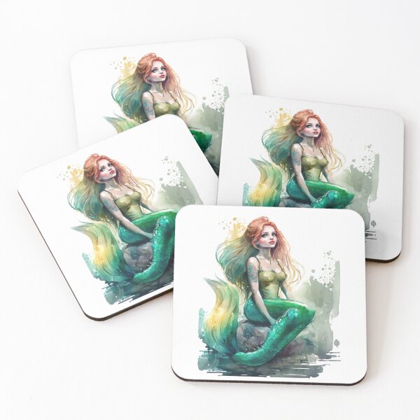 Item preview, Beautiful Mermaid Sitting on the Stone, Watercolor Green Mermaid designed and sold by MoonFoxDesign.
